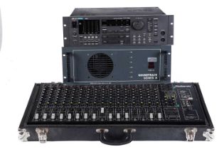 Akai hard disk recorder, a mixing deck and Soundtracs power amplifier