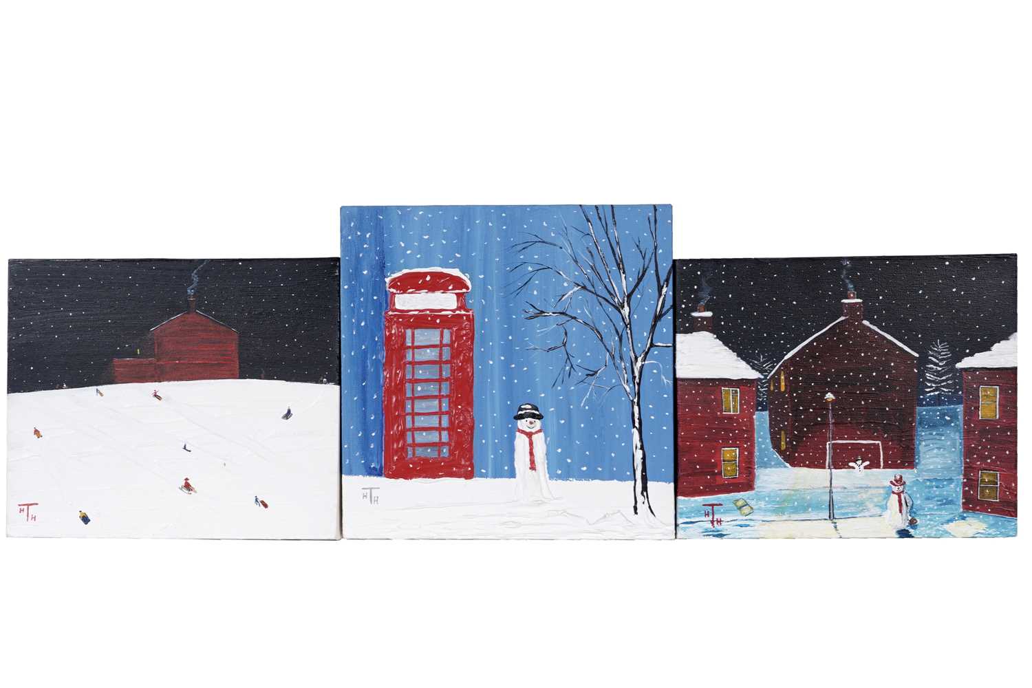 Tony Huggins-Haig - Sledging Day; three views of winter fun | acrylic on box canvas