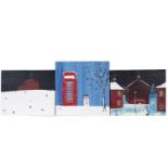 Tony Huggins-Haig - Sledging Day; three views of winter fun | acrylic on box canvas