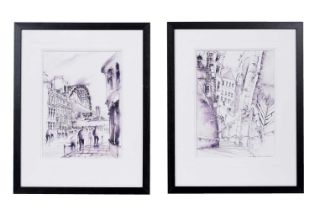 Roy Francis Kirton - Tyne Bridge and Dog Leap Stairs | pen and ink with watercolour