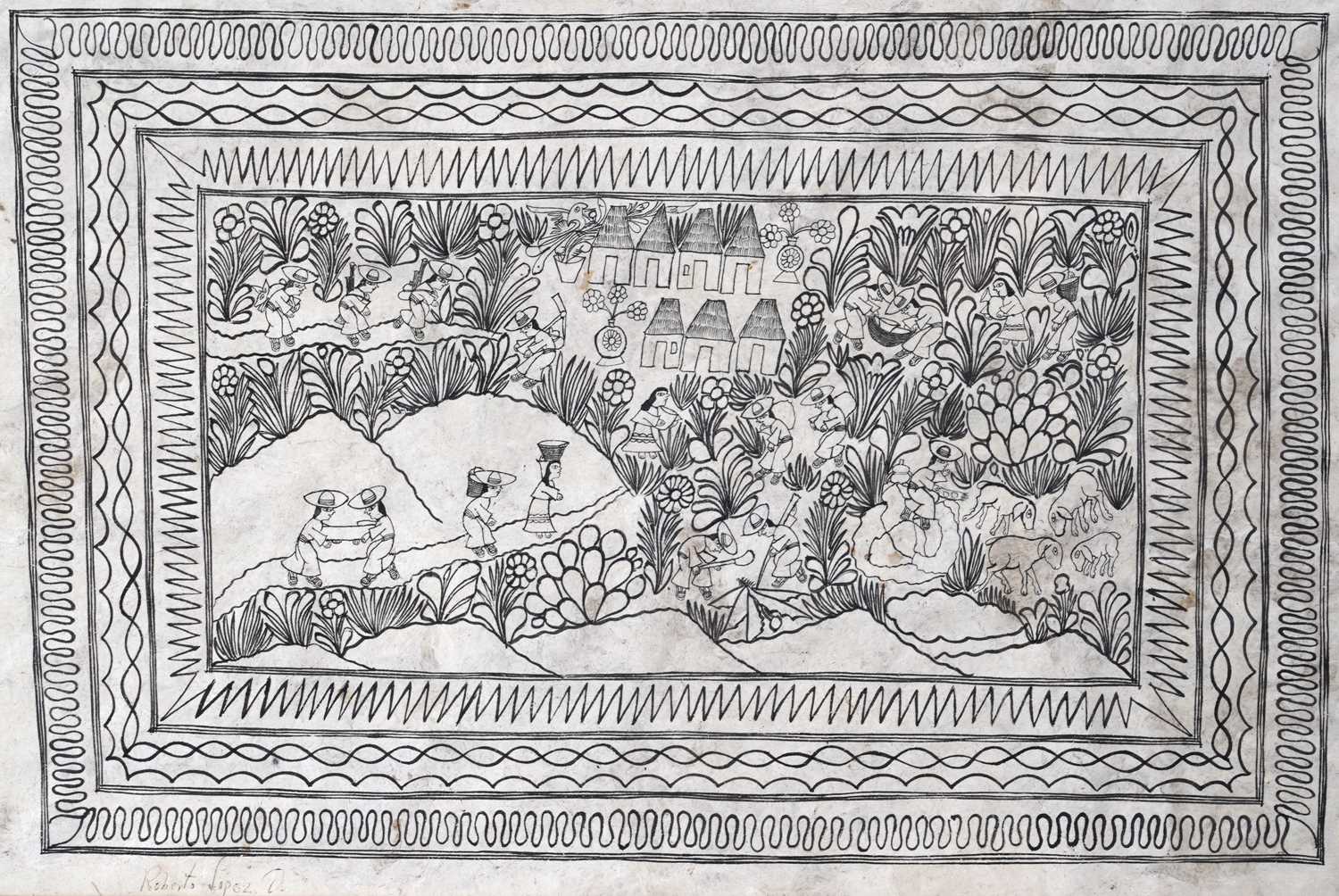 Lopez - Two Mexican folk art scenes | ink on amate bark paper - Image 3 of 5