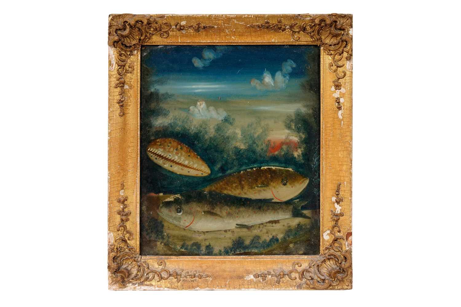 19th Century British School - Underwater View of Fish and a Cowrie Shell | reverse glass painting