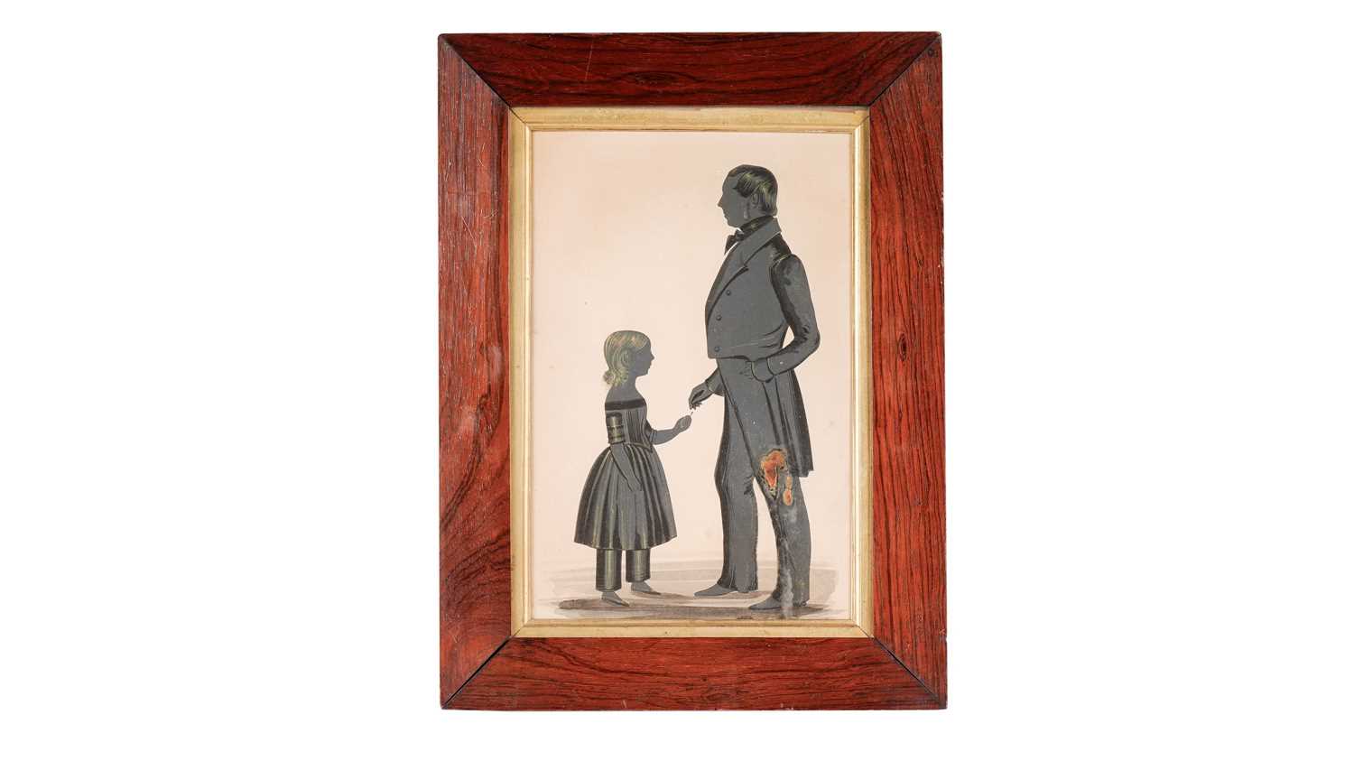 19th Century British School - A silhouette of a father and daughter | gouache and gilt