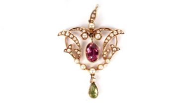 An Edwardian pink-tourmaline, peridot and seed-pearl pendant