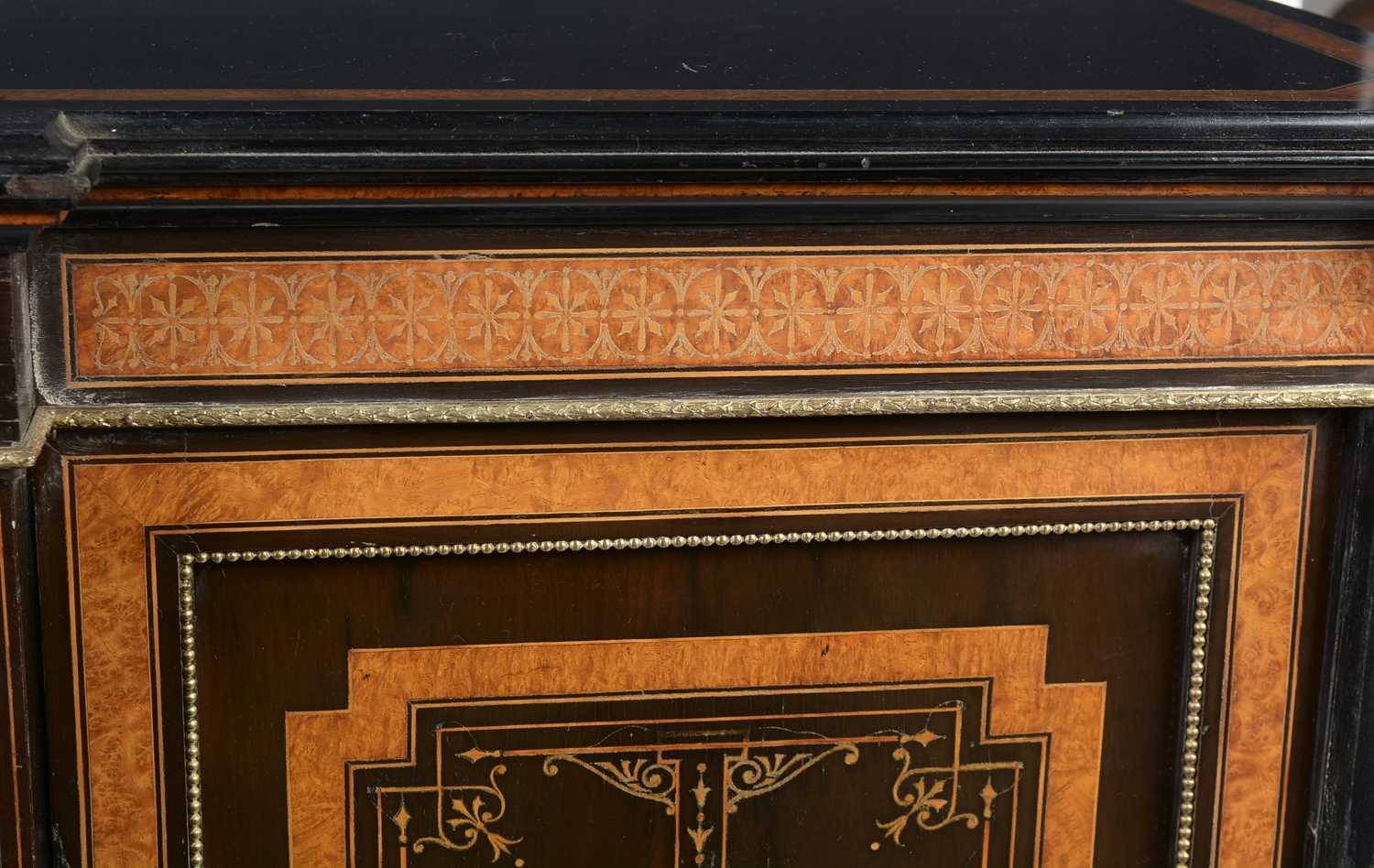A Victorian ebonised, inlaid and burr walnut breakfront credenza set with jasperware panels - Image 7 of 12