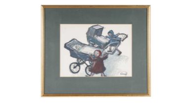 Norman Stansfield Cornish - Kids with Prams and Babies | mixed media