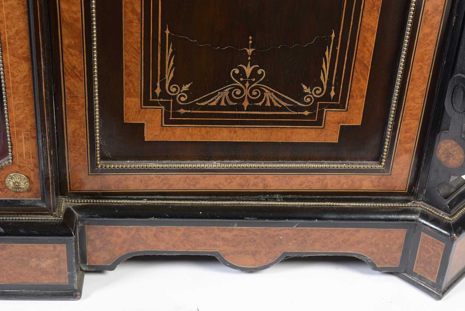 A Victorian ebonised, inlaid and burr walnut breakfront credenza set with jasperware panels - Image 10 of 12