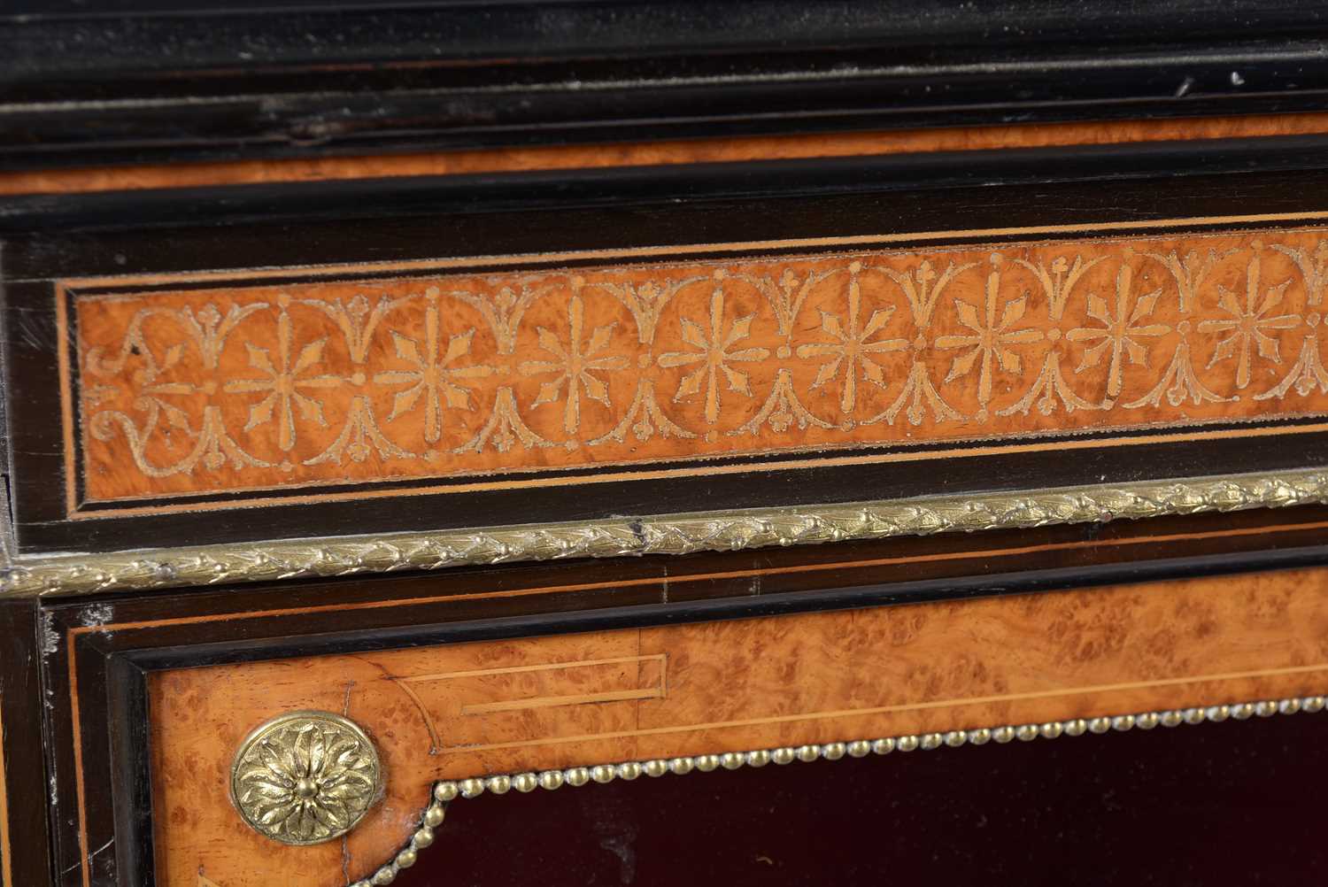 A Victorian ebonised, inlaid and burr walnut breakfront credenza set with jasperware panels - Image 11 of 12