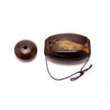 Japanese lacquer inro and wooden manju netsuke