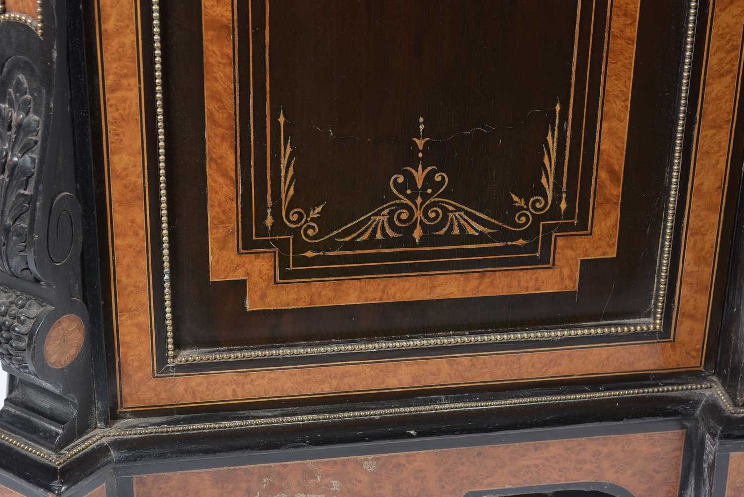 A Victorian ebonised, inlaid and burr walnut breakfront credenza set with jasperware panels - Image 9 of 12