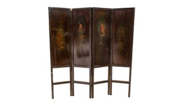 A 19th century hand painted folding dressing screen or room divider
