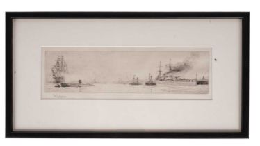 William Lionel Wyllie - 'HMS Victory, A Submarine and a War Ship in Portsmouth Harbour' | drypoint