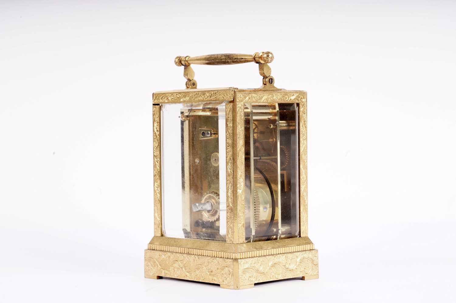 Vieyres of London: A late 19th Century engraved and gilt brass carriage clock - Image 8 of 13