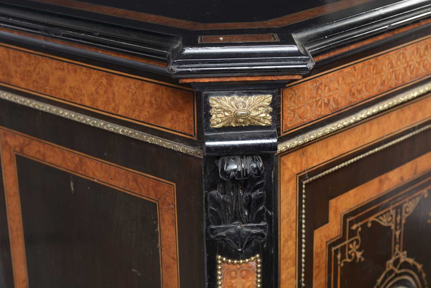 A Victorian ebonised, inlaid and burr walnut breakfront credenza set with jasperware panels - Image 4 of 12