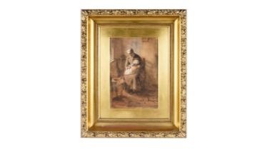 19th Century Flemish School - A Young Mother Cradling Her Baby | watercolour