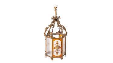 A Victorian brass hall lantern of hexagonal form