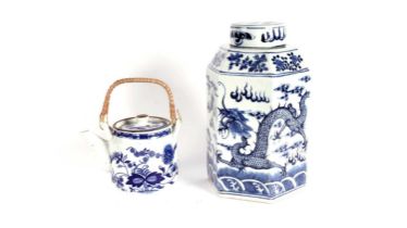 Chinese blue and white hexagonal jar; teapot and cover.