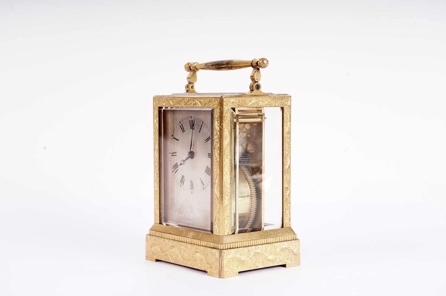 Vieyres of London: A late 19th Century engraved and gilt brass carriage clock - Image 3 of 13