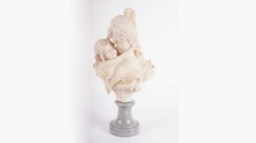 A carved alabaster bust of a mother and child, from the studio of Adolfo Cipriani
