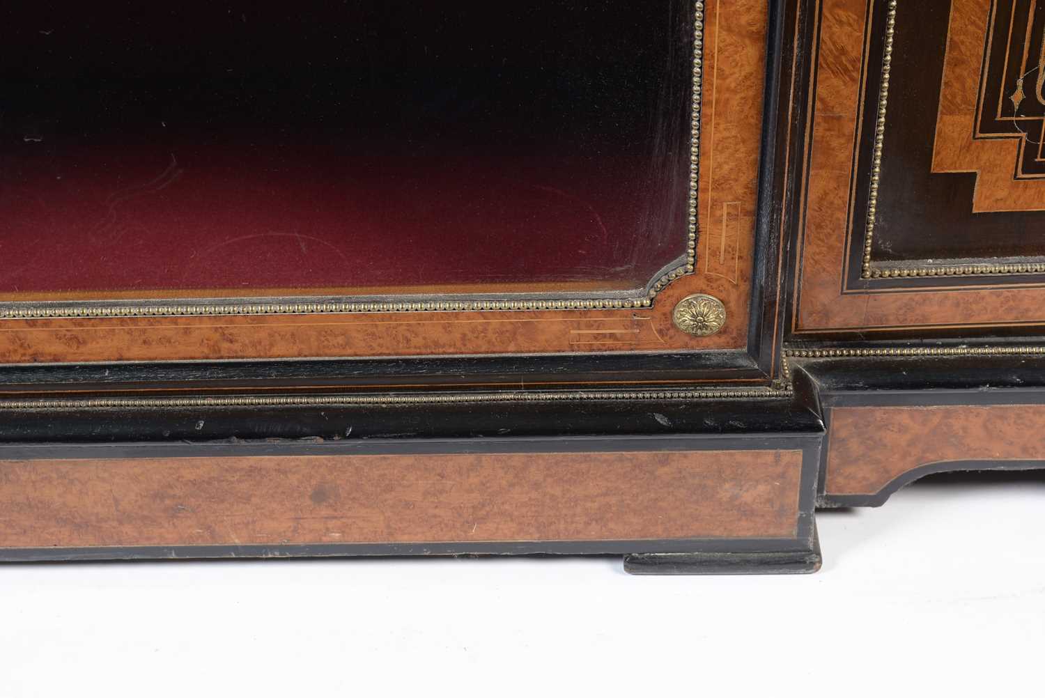 A Victorian ebonised, inlaid and burr walnut breakfront credenza set with jasperware panels - Image 8 of 12