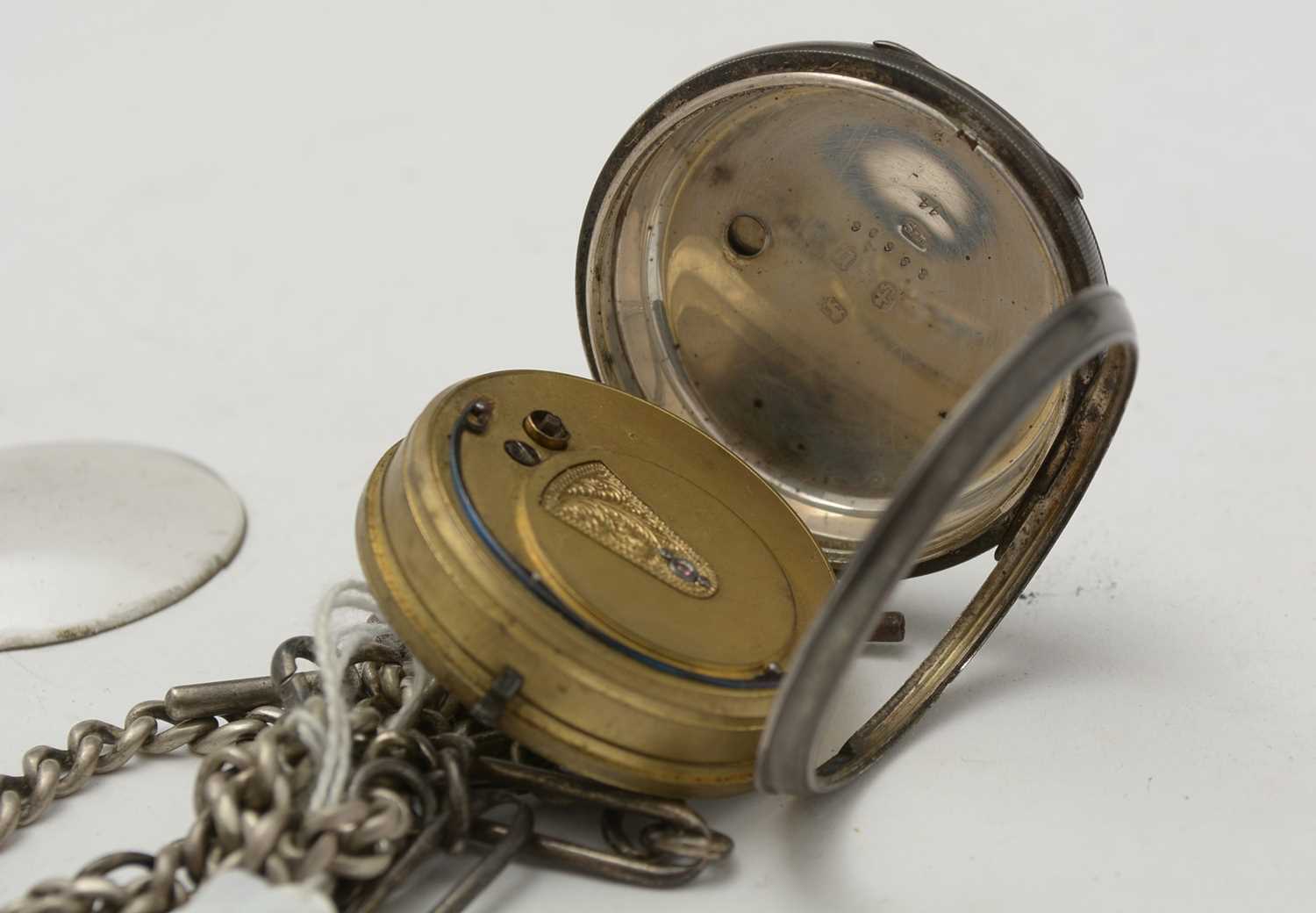A silver case open-faced pocket watch and chains - Image 11 of 11
