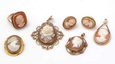 A selection of carved shell cameo jewellery