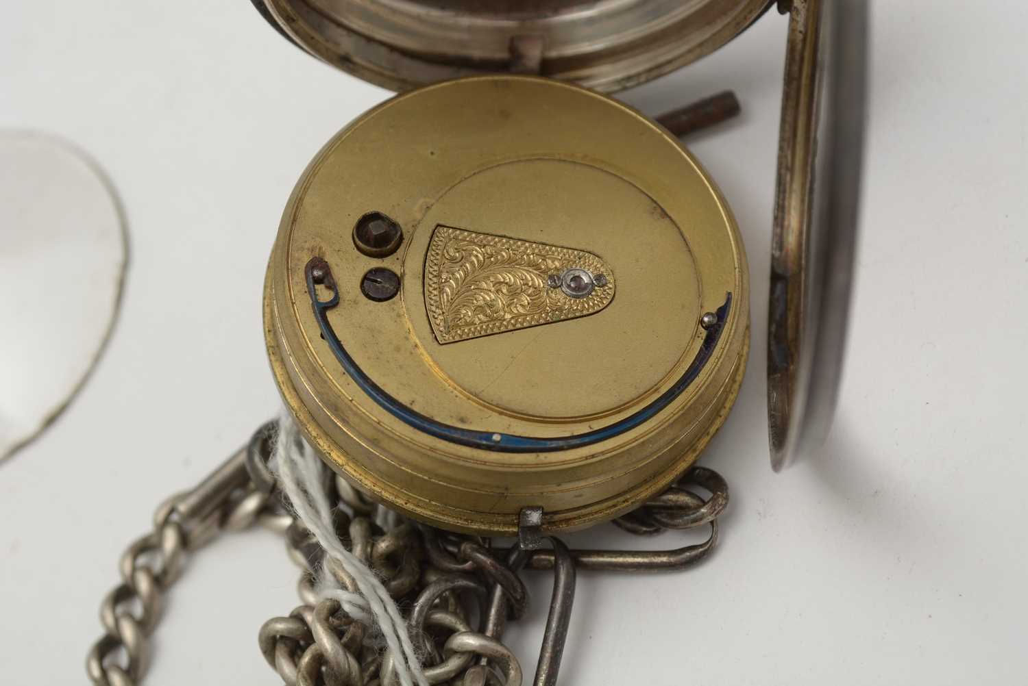 A silver case open-faced pocket watch and chains - Image 8 of 11