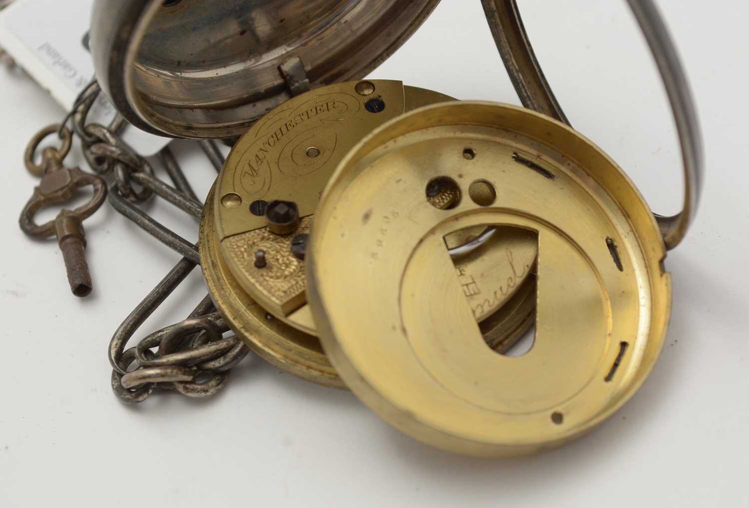 A silver case open-faced pocket watch and chains - Image 10 of 11