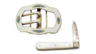 A Continental silver-gilt penknife and enamelled buckle