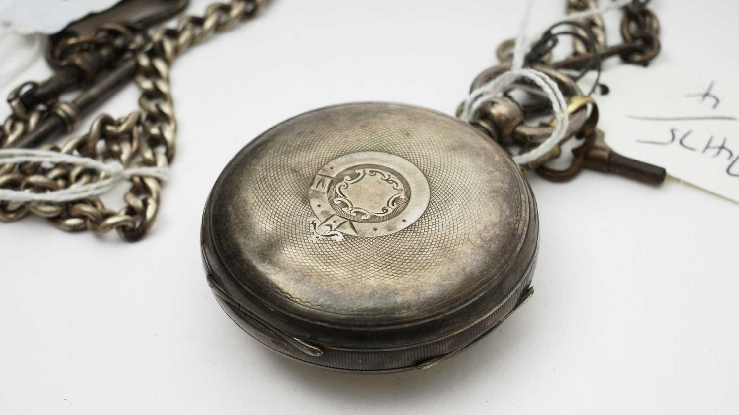 A silver case open-faced pocket watch and chains - Image 7 of 11