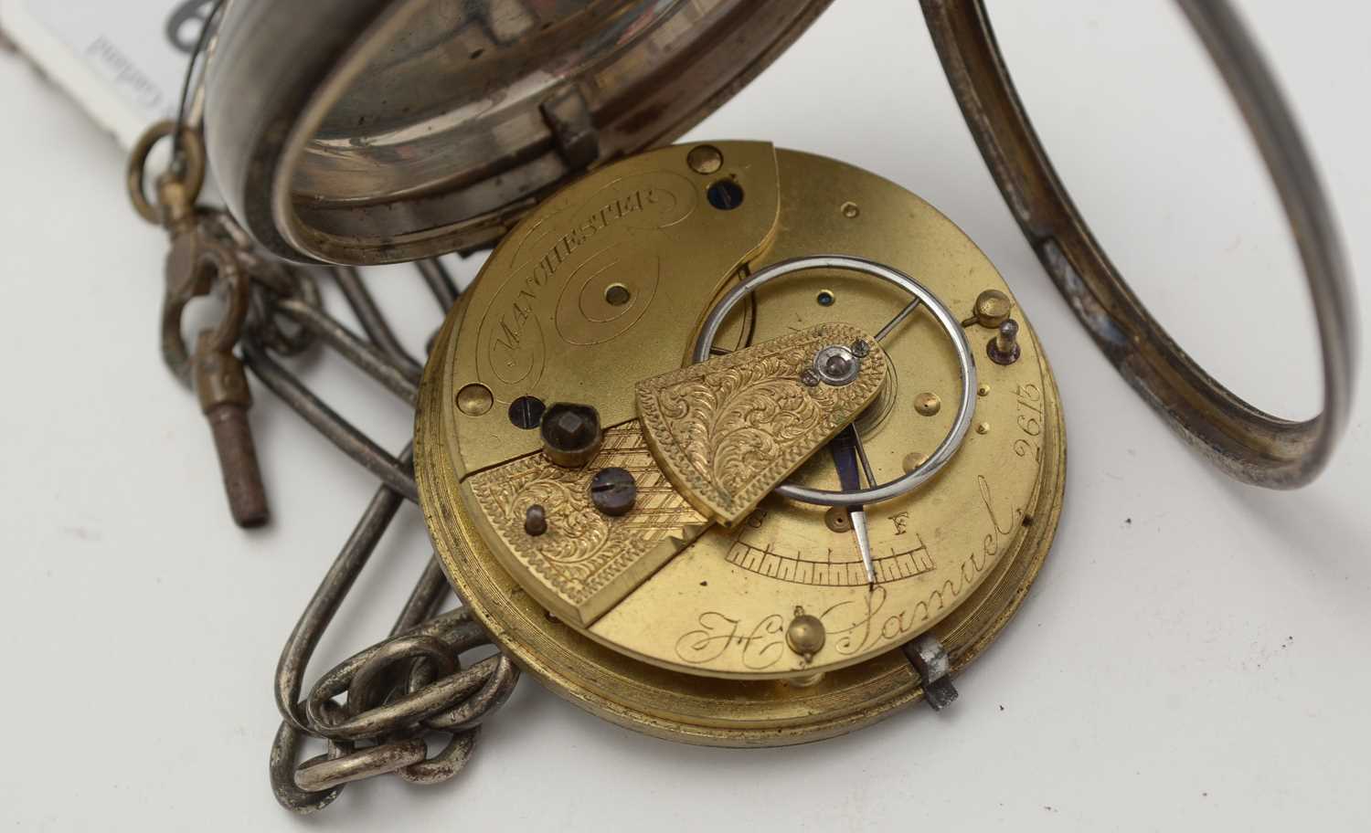 A silver case open-faced pocket watch and chains - Image 9 of 11