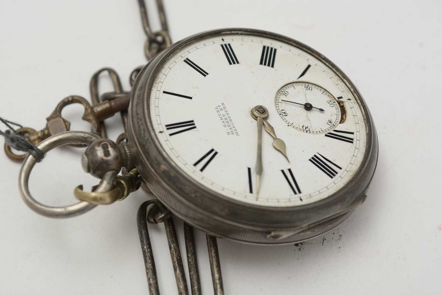 A silver case open-faced pocket watch and chains - Image 2 of 11