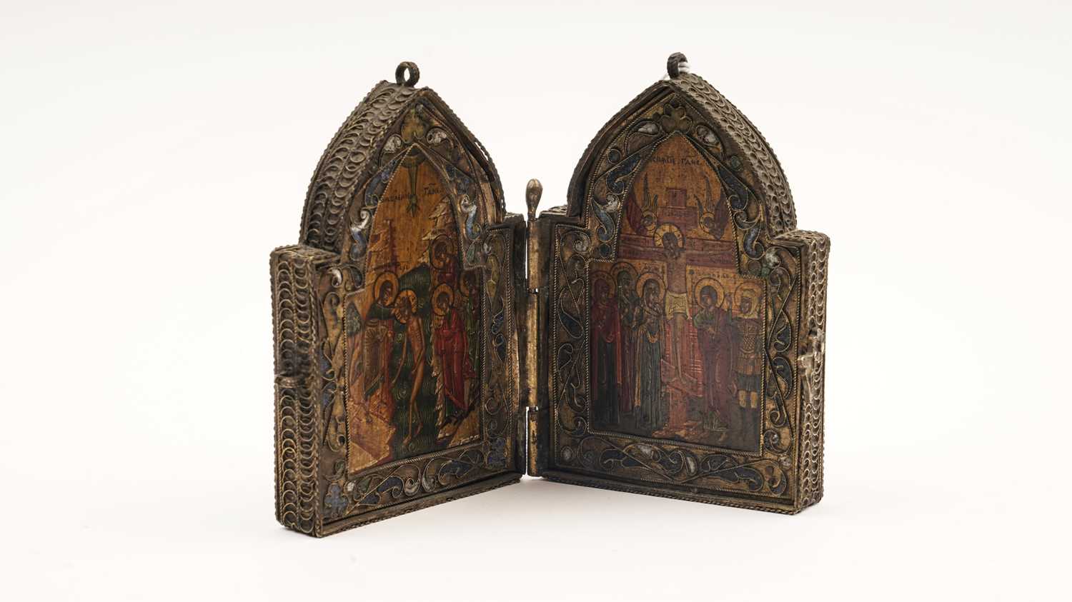 A champleve enamel diptych Christian icon