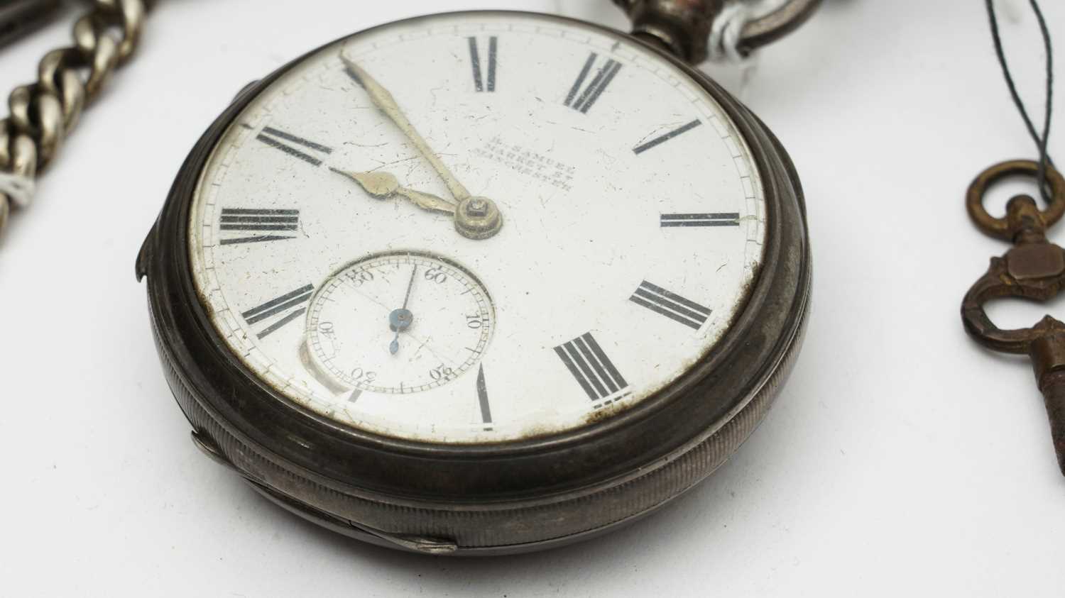 A silver case open-faced pocket watch and chains - Image 3 of 11