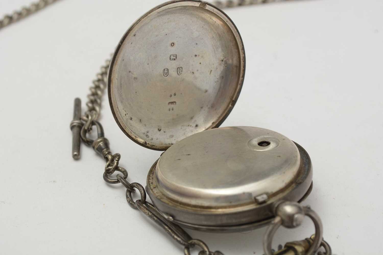 A silver case open-faced pocket watch and chains - Image 4 of 11