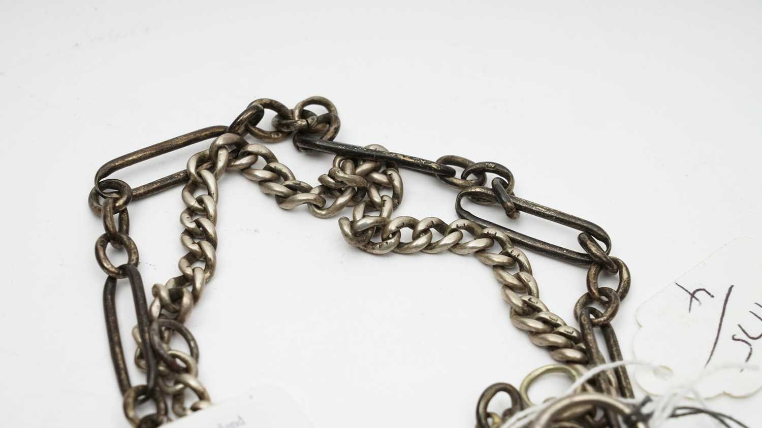 A silver case open-faced pocket watch and chains - Image 6 of 11