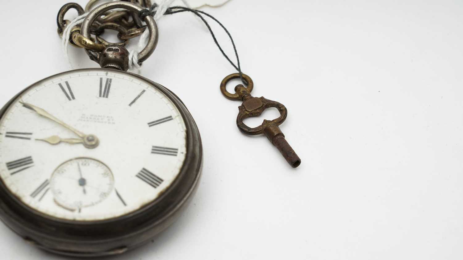 A silver case open-faced pocket watch and chains - Image 5 of 11