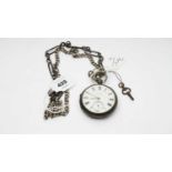 A silver case open-faced pocket watch and chains