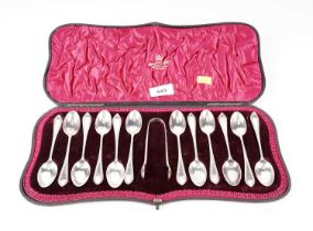 A cased set of twelve silver teaspoons and tongs