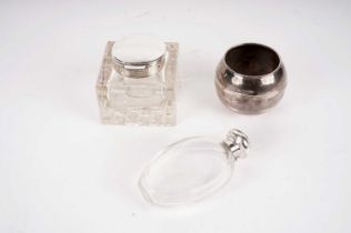 An Edwardian inkwell; a scent bottle; and a bowl