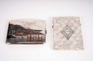 A Victorian mother of pearl card case; and a Japanese silver cigarette case