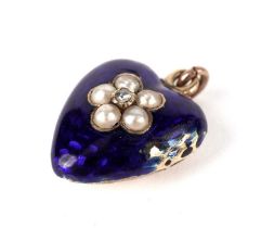 A 19th Century diamond, seed pearl and enamel heart pendant