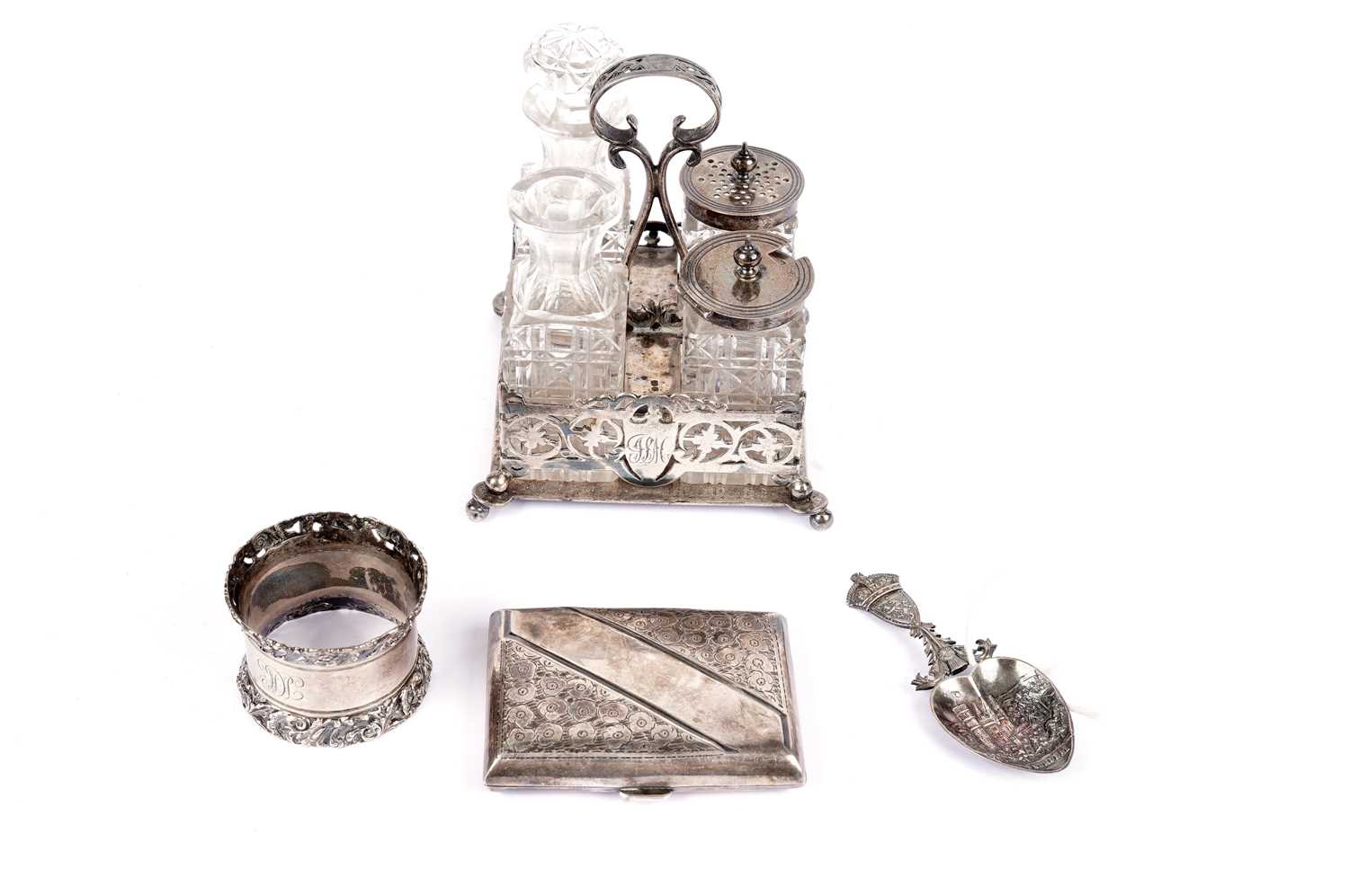 Victorian and later silver, including a cruet set and Balmoral caddy spoon