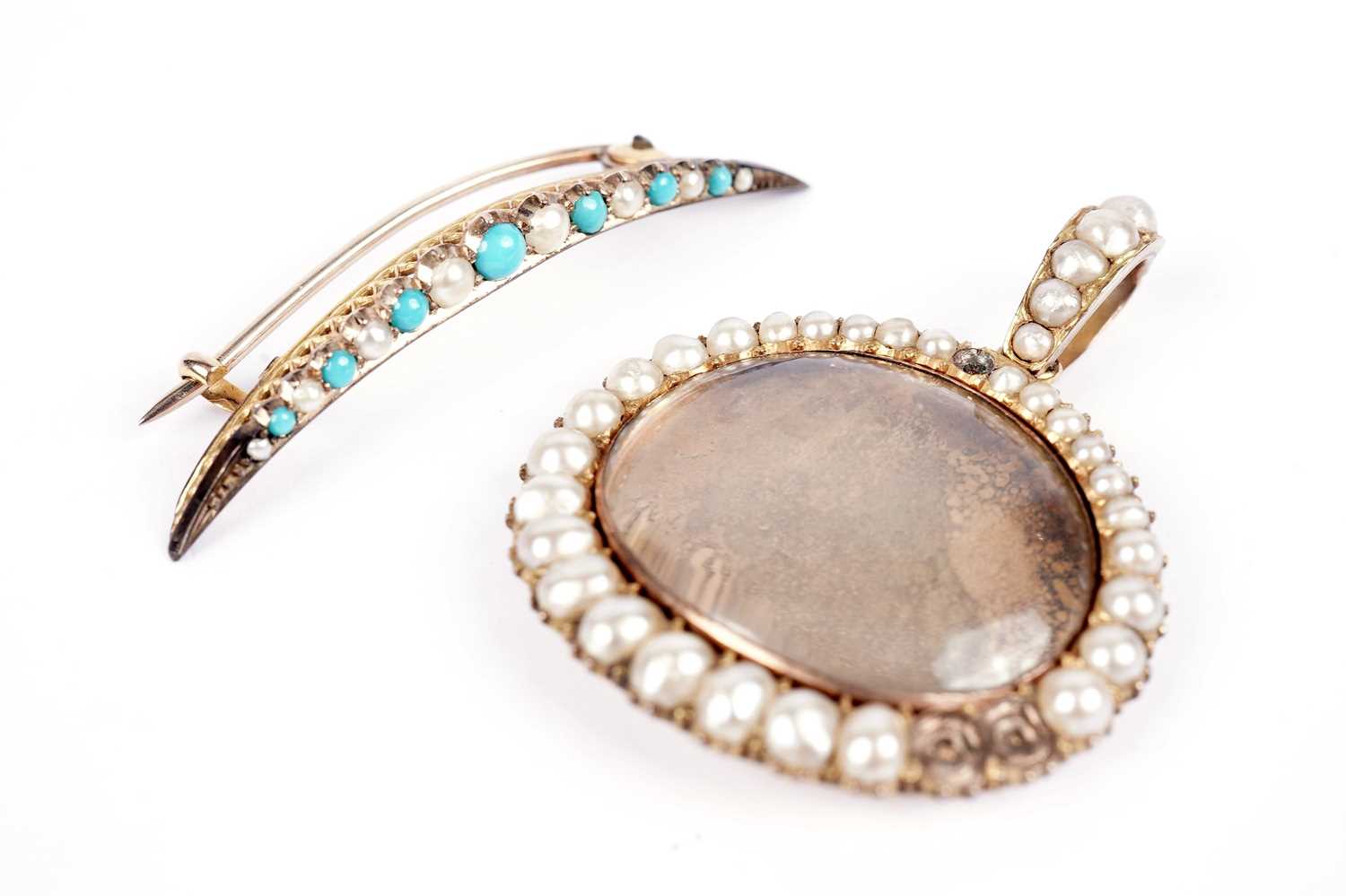 A Victorian turquoise and seed pearl crescent brooch; and a locket