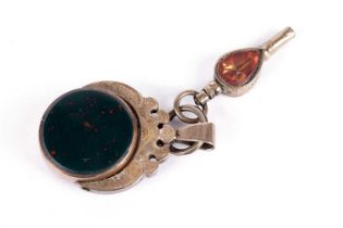 A Victorian bloodstone and carnelian swivel fob; and a watch key