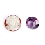A carved hardstone cameo; and an amethyst