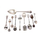 A selection of silver and plated spoons; and a vesta case