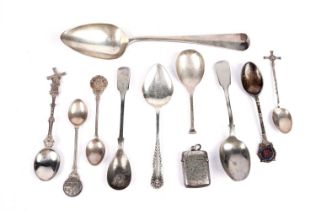 A selection of silver and plated spoons; and a vesta case