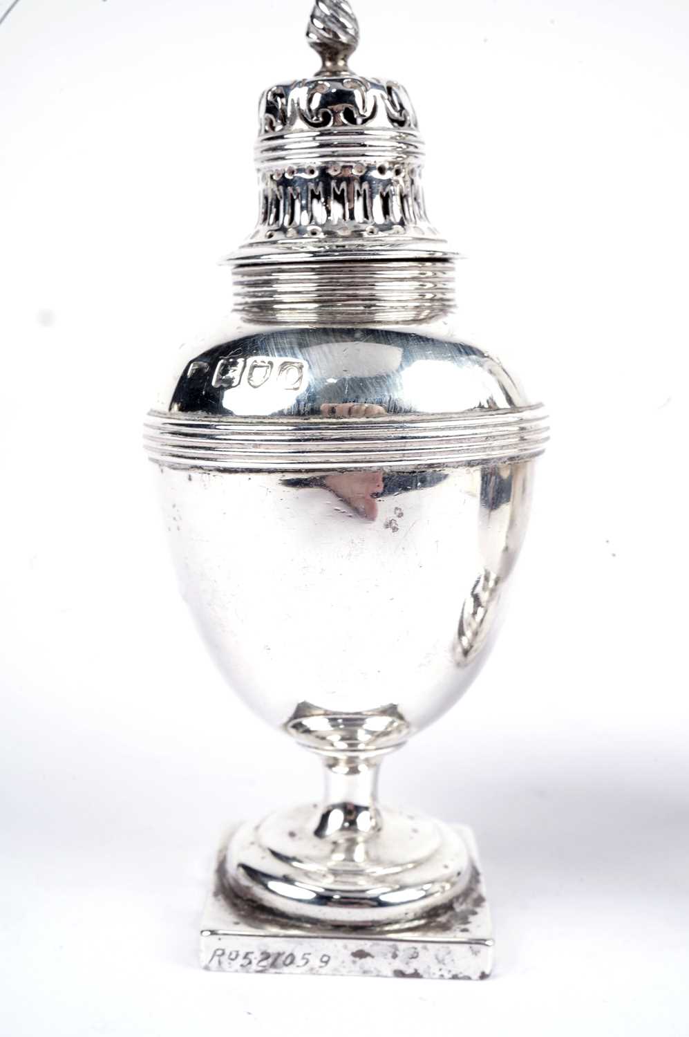 A George V silver sugar caster; and an Edwardian silver pepper shaker - Image 2 of 5