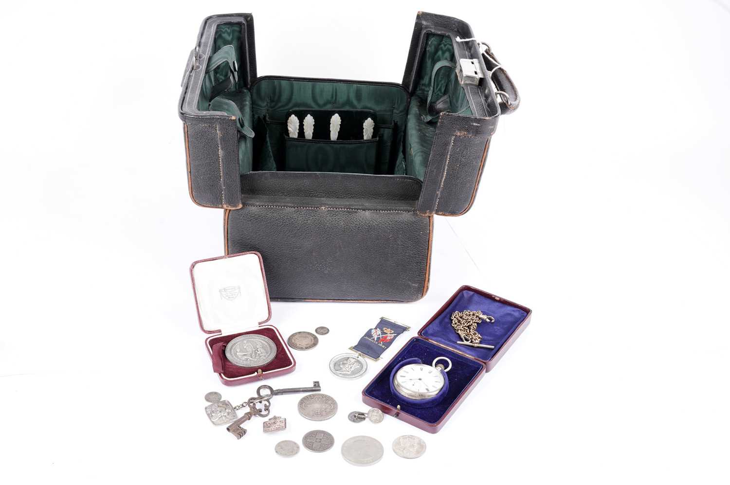 A selection of silver and other items, in vintage trunk